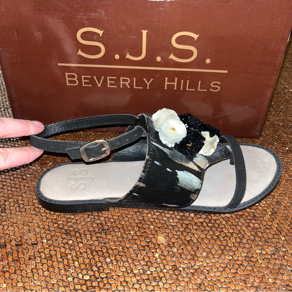 S.J.S. Beverly Hills Black & Silver Pom-Pom Cordella Leather Sandal Women EU 39